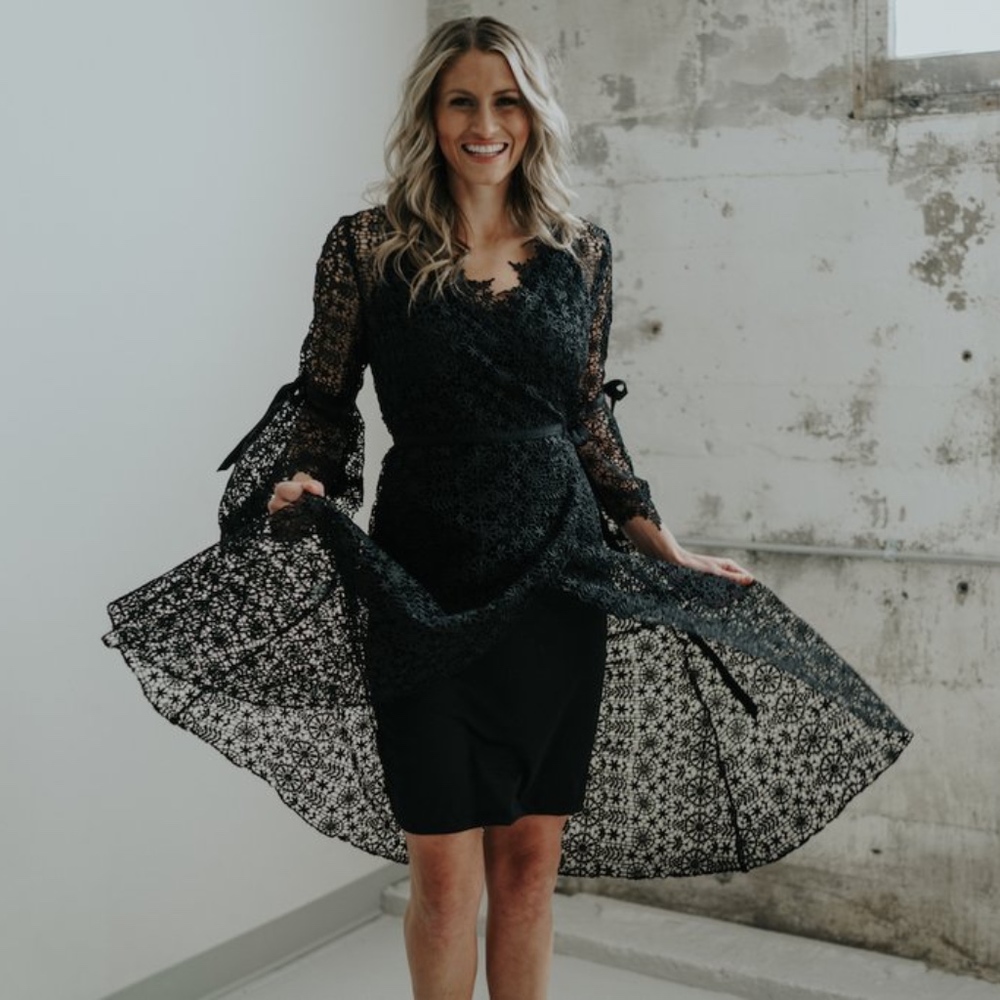 Black Lace Wrap Gown by Aspen True